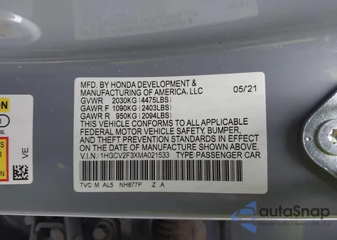 2021 Honda Accord Sport 2.0T из США, поврежденный, VIN 1HGCV2F3XMA021533